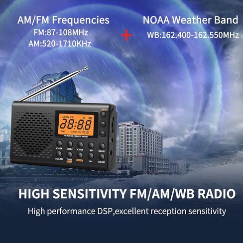 Portable AM/FM/Shortwave Radio, Batteries Operated Pocket Radios, Large Digital Display, Clock Radio with Alarm and Sleep Function, Earphone Included (Black) in Kuwait