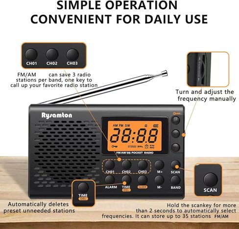 Portable AM/FM/Shortwave Radio, Batteries Operated Pocket Radios, Large Digital Display, Clock Radio with Alarm and Sleep Function, Earphone Included (Black) in Kuwait