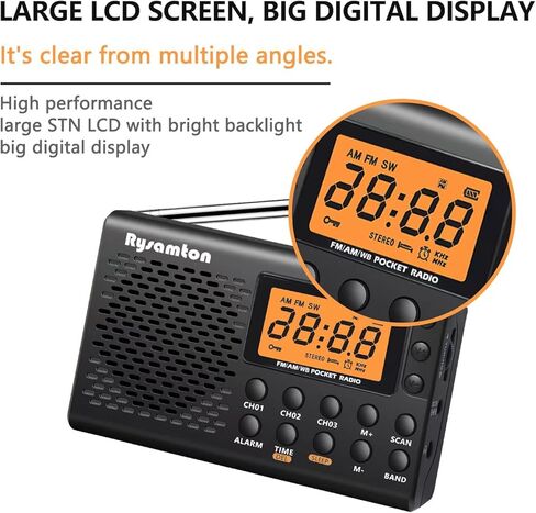 Portable AM/FM/Shortwave Radio, Batteries Operated Pocket Radios, Large Digital Display, Clock Radio with Alarm and Sleep Function, Earphone Included (Black) in Kuwait