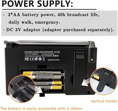 Portable AM/FM/Shortwave Radio, Batteries Operated Pocket Radios, Large Digital Display, Clock Radio with Alarm and Sleep Function, Earphone Included (Black) in Kuwait