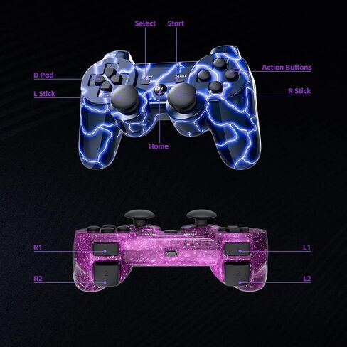 Wireless Controller for PS-3 Motion Sense Double Vibration Upgraded Gaming Remote for Play 3 with Charging Cord (Transparent Green and Transparent Blue) in Kuwait