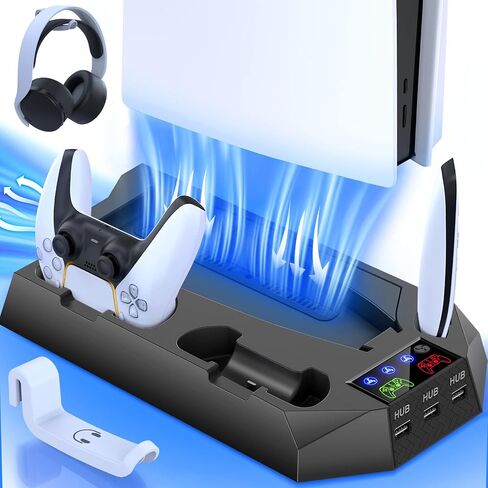 PS5/Slim/Pro Cooling Station for PlayStation 5 Console Disc/Digital Edition - PS5 Slim Pro Cooling Stand with Controller Charging Station Accessories-Cooler Fan/Headset Holder/3 USB Hub, White in Kuwait