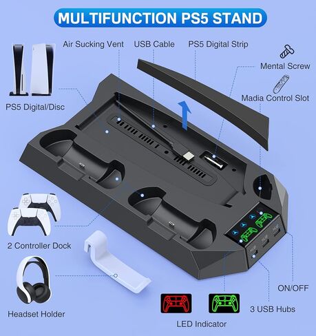 PS5/Slim/Pro Cooling Station for PlayStation 5 Console Disc/Digital Edition - PS5 Slim Pro Cooling Stand with Controller Charging Station Accessories-Cooler Fan/Headset Holder/3 USB Hub, White in Kuwait