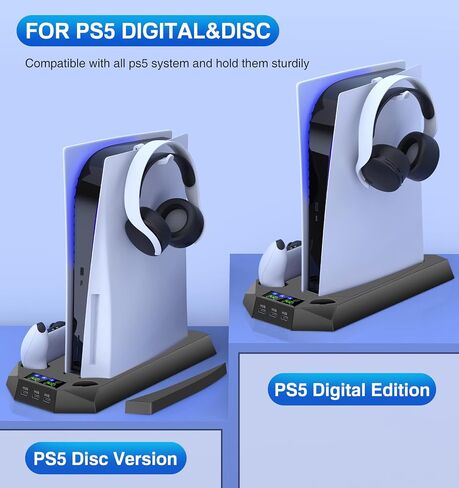 PS5/Slim/Pro Cooling Station for PlayStation 5 Console Disc/Digital Edition - PS5 Slim Pro Cooling Stand with Controller Charging Station Accessories-Cooler Fan/Headset Holder/3 USB Hub, White in Kuwait