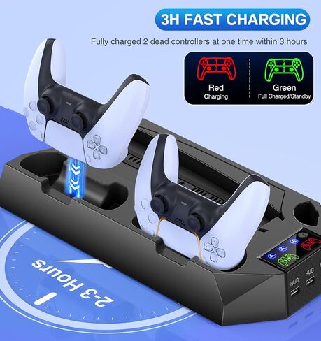 PS5/Slim/Pro Cooling Station for PlayStation 5 Console Disc/Digital Edition - PS5 Slim Pro Cooling Stand with Controller Charging Station Accessories-Cooler Fan/Headset Holder/3 USB Hub, White in Kuwait