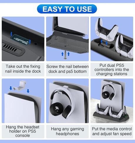 PS5/Slim/Pro Cooling Station for PlayStation 5 Console Disc/Digital Edition - PS5 Slim Pro Cooling Stand with Controller Charging Station Accessories-Cooler Fan/Headset Holder/3 USB Hub, White in Kuwait