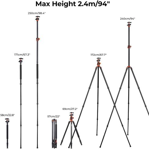 K&F Concept 94 Inch Camera Tripods 4 Section Ultra High Aluminum Professional Detachable Monopod Tripod with 360 Degree Ball Head Quick Release Plate for DSLR SLR Cameras T254A8+BH-28L (SA254T1) in Saudi Arabia