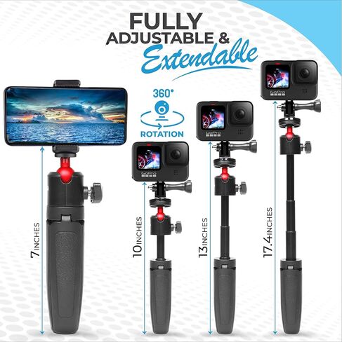 Action Pro Extendable Selfie Stick Tripod with Phone Holder, Portable Tripod Compatible for iPhone/Android/GoPro Cameras, Lightweight vlog Selfie Stick for Group Photos, Video Recording and vlogging in Kuwait