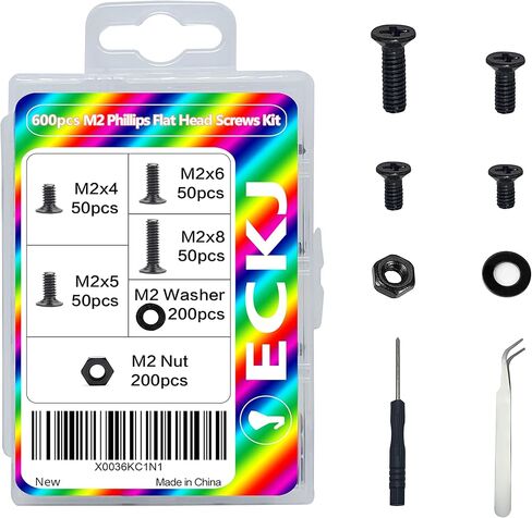 ECKJ 600pcs M2 مسامير استبدال الكمبيوتر المحمول، فيليبس شقة رئيس غاطسة آلة مسامير المسمار المكسرات غسالات مجموعة متنوعة، M2 × 4 مم / 5 مم / 6 مم / 8 مم للكمبيوتر الشخصي، إصلاح SSD، محرك NVMe أسود in Kuwait