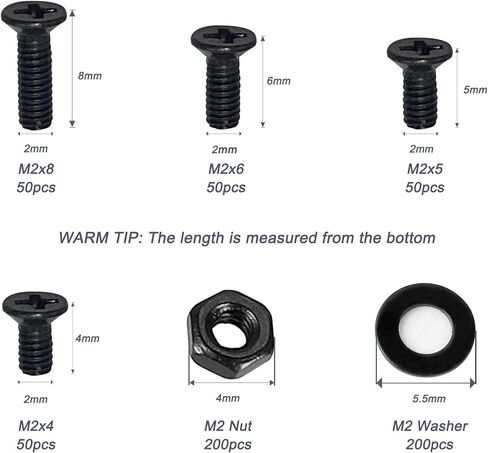ECKJ 600pcs M2 مسامير استبدال الكمبيوتر المحمول، فيليبس شقة رئيس غاطسة آلة مسامير المسمار المكسرات غسالات مجموعة متنوعة، M2 × 4 مم / 5 مم / 6 مم / 8 مم للكمبيوتر الشخصي، إصلاح SSD، محرك NVMe أسود in Kuwait