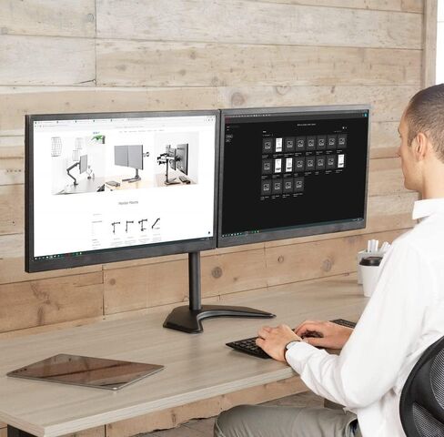 VIVO STAND-V002F Dual LED LCD Monitor Free-Standing Desk Stand for 2 Screens up to 27 Inch Heavy-Duty Fully Adjustable Arms with Max VESA 100x100mm in Saudi Arabia