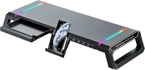 حامل شاشة كمبيوتر ألعاب KYOLLY RGB - 4 محاور USB 3.0، حامل شاشة كمبيوتر قابل للتعديل بطول 3 مع درج وتخزين وحامل هاتف أسود in Kuwait