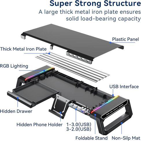 حامل شاشة كمبيوتر ألعاب KYOLLY RGB - 4 محاور USB 3.0، حامل شاشة كمبيوتر قابل للتعديل بطول 3 مع درج وتخزين وحامل هاتف أسود in Kuwait