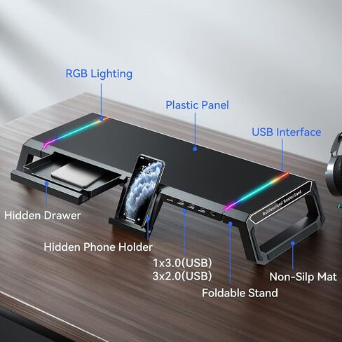 حامل شاشة كمبيوتر ألعاب KYOLLY RGB - 4 محاور USB 3.0، حامل شاشة كمبيوتر قابل للتعديل بطول 3 مع درج وتخزين وحامل هاتف أسود in Kuwait