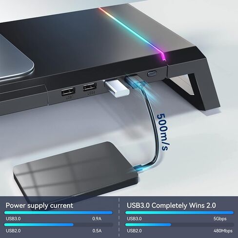 حامل شاشة كمبيوتر ألعاب KYOLLY RGB - 4 محاور USB 3.0، حامل شاشة كمبيوتر قابل للتعديل بطول 3 مع درج وتخزين وحامل هاتف أسود in Kuwait