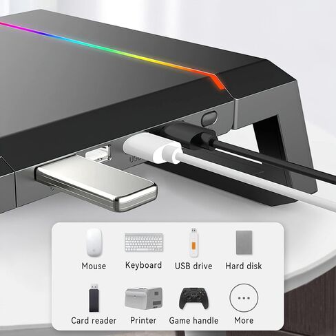 حامل شاشة كمبيوتر ألعاب KYOLLY RGB - 4 محاور USB 3.0، حامل شاشة كمبيوتر قابل للتعديل بطول 3 مع درج وتخزين وحامل هاتف أسود in Kuwait