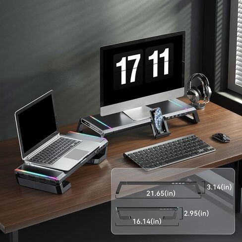 حامل شاشة كمبيوتر ألعاب KYOLLY RGB - 4 محاور USB 3.0، حامل شاشة كمبيوتر قابل للتعديل بطول 3 مع درج وتخزين وحامل هاتف أسود in Kuwait