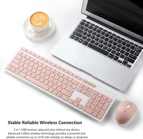 Wireless Keyboard and Mouse Combo, 2.4G Silent Cordless Keyboard Mouse Combo for Windows Chrome Laptop Computer PC Desktop, 106 Keys Full Size with Number Pad, 1600 DPI Optical Mouse (Pink) in Kuwait