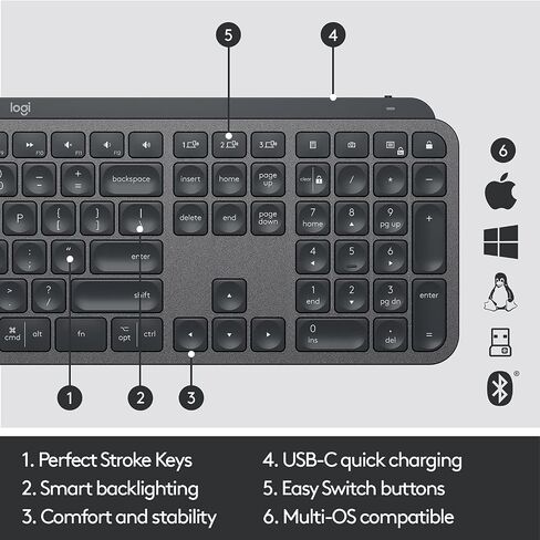 لوحة مفاتيح Logitech MX Keys Minimalist اللاسلكية المضيئة، مدمجة، بلوتوث، بإضاءة خلفية، USB-C، متوافقة مع Apple macOS، iOS، Windows، Linux، Android، هيكل معدني - جرافيت in Kuwait