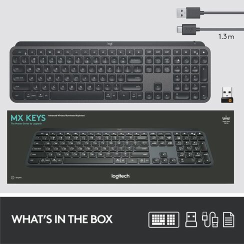 لوحة مفاتيح Logitech MX Keys Minimalist اللاسلكية المضيئة، مدمجة، بلوتوث، بإضاءة خلفية، USB-C، متوافقة مع Apple macOS، iOS، Windows، Linux، Android، هيكل معدني - جرافيت in Kuwait
