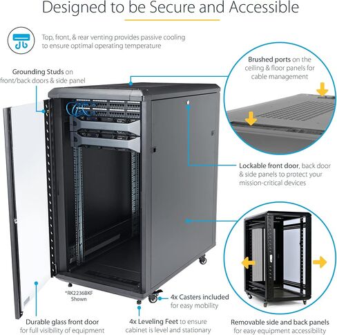خزانة حامل خادم StarTech.com 18U مقاس 19 بوصة - عمق 4 قابل للتعديل (6-32 بوصة) قفل حاوية معدات الشبكة/الكمبيوتر - متنقل مع باب زجاجي/عجلات - HP ProLiant Think Server (RK1836BKF) in Saudi Arabia