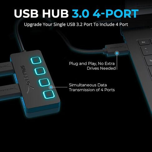 Sabrent 4-Port USB 3.0 Data Hub with Individual LED Power Switches | 2 Ft Cable | Slim & Portable | for Mac & PC (HB-UM43) in Kuwait