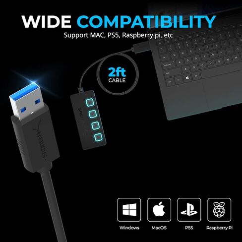 Sabrent 4-Port USB 3.0 Data Hub with Individual LED Power Switches | 2 Ft Cable | Slim & Portable | for Mac & PC (HB-UM43) in Kuwait