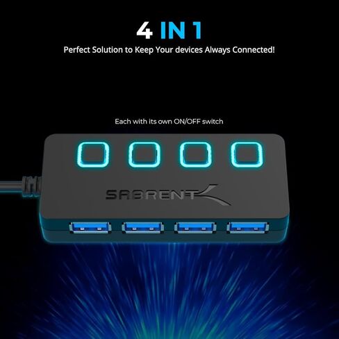 Sabrent 4-Port USB 3.0 Data Hub with Individual LED Power Switches | 2 Ft Cable | Slim & Portable | for Mac & PC (HB-UM43) in Kuwait