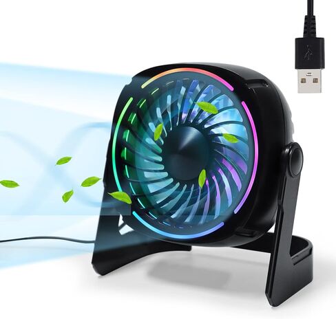 HeroPlus RGB Small USB Desk Fan, 6 Inch Small Fan with 8 Light Modes, Mini USB Fan with 3 Speeds, 60 Inch Cord, 360° Rotation, Quiet Operation, Portable Desk Fan for Rooms, Offices, Car, Travel in Kuwait