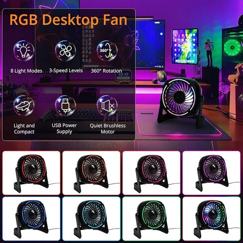 HeroPlus RGB Small USB Desk Fan, 6 Inch Small Fan with 8 Light Modes, Mini USB Fan with 3 Speeds, 60 Inch Cord, 360° Rotation, Quiet Operation, Portable Desk Fan for Rooms, Offices, Car, Travel in Kuwait