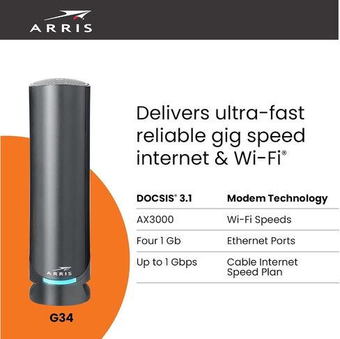 ARRIS Surfboard G34 DOCSIS 3.1 Gigabit Cable Modem & Wi-Fi 6 Router (AX3000) | Approved for Comast Xfinity, Cox, Spectrum & More | Four 1 Gbps Ports | 1 Gbps Max Internet Speeds | 2 Year Warranty in Saudi Arabia