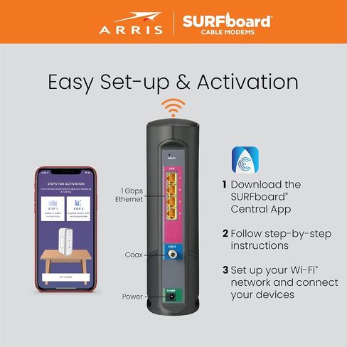 ARRIS Surfboard G34 DOCSIS 3.1 Gigabit Cable Modem & Wi-Fi 6 Router (AX3000) | Approved for Comast Xfinity, Cox, Spectrum & More | Four 1 Gbps Ports | 1 Gbps Max Internet Speeds | 2 Year Warranty in Saudi Arabia