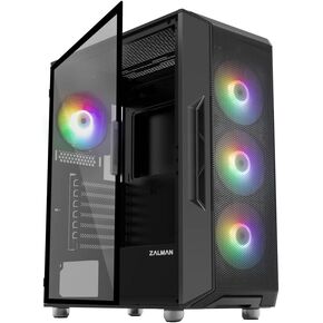 Zalman i3 ARGB Vision, ATX Mid Tower RGB Gaming PC Case, 3 x 140mm & 1 x 120mm ARGB Fans Pre-Installed - Tempered Glass Front & Side Panel, Black