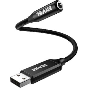 محول صوت ENVEL USB إلى 3.5 مم، بطاقة صوت ستيريو خارجية مع مقبس سماعة رأس وميكروفون مزدوج TRS 3 أقطاب 3.5 مم لجهاز PS4/PS5/PC/الكمبيوتر المحمول، محول سماعة رأس مدمج يدعم ميكروفون (أسود Pro)