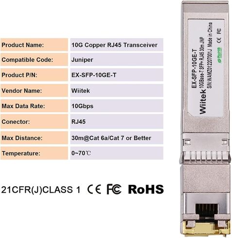 وحدات Wiitek SFP+ إلى RJ45 النحاسية، جهاز إرسال واستقبال 10GBase-T متوافق مع Cisco SFP-10G-T-X، Ubiquiti، Netgear، Mikrotik، Unifi (Cat 6a/7 أو أفضل، 30 مترًا) in Kuwait