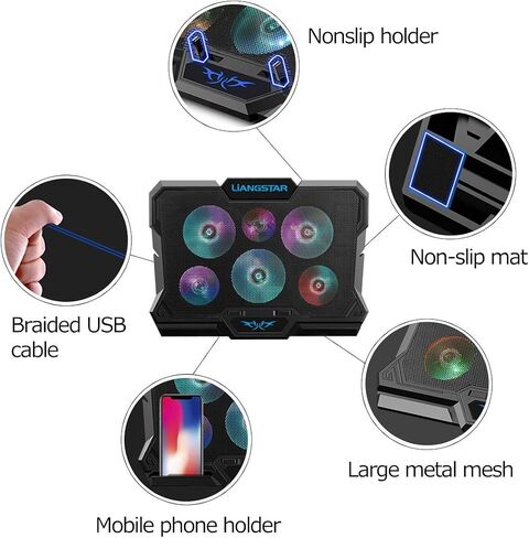 LIANGSTAR Laptop Cooling Pad, Laptop Cooler with 6 Quiet Fans for 12-17 Inch Notebook Gaming Fan Stable Stand, 7 Height & Wind Speed Adjustable, 2 USB Port & Phone Holder (Black) in Saudi Arabia