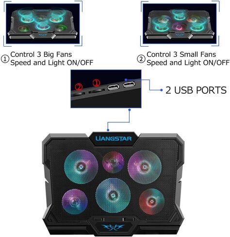 LIANGSTAR Laptop Cooling Pad, Laptop Cooler with 6 Quiet Fans for 12-17 Inch Notebook Gaming Fan Stable Stand, 7 Height & Wind Speed Adjustable, 2 USB Port & Phone Holder (Black) in Saudi Arabia