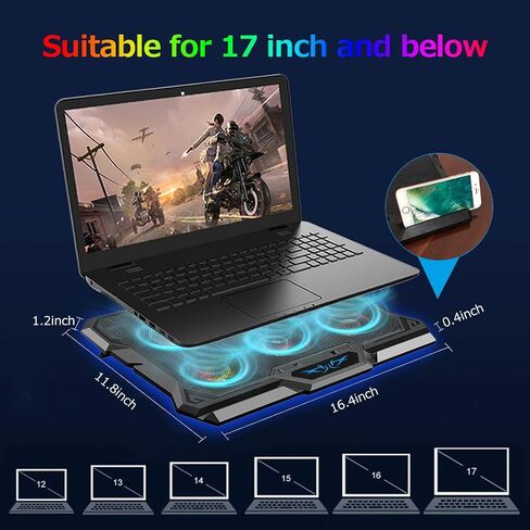 LIANGSTAR Laptop Cooling Pad, Laptop Cooler with 6 Quiet Fans for 12-17 Inch Notebook Gaming Fan Stable Stand, 7 Height & Wind Speed Adjustable, 2 USB Port & Phone Holder (Black) in Saudi Arabia