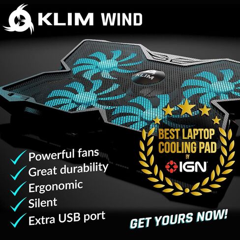 KLIM Wind Laptop Cooling Pad - More Than 500 000 Units Sold - New Version - The Most Powerful Rapid Action Cooling Fan - Laptop Stand with 4 Cooling Fans at 1200 RPM - USB Fan - PS5 PS4 - RGB in Kuwait