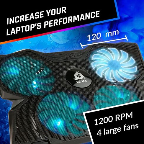 KLIM Wind Laptop Cooling Pad - More Than 500 000 Units Sold - New Version - The Most Powerful Rapid Action Cooling Fan - Laptop Stand with 4 Cooling Fans at 1200 RPM - USB Fan - PS5 PS4 - RGB in Kuwait