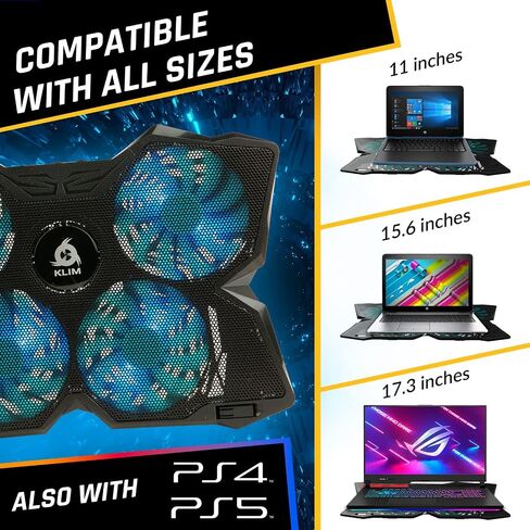 KLIM Wind Laptop Cooling Pad - More Than 500 000 Units Sold - New Version - The Most Powerful Rapid Action Cooling Fan - Laptop Stand with 4 Cooling Fans at 1200 RPM - USB Fan - PS5 PS4 - RGB in Kuwait