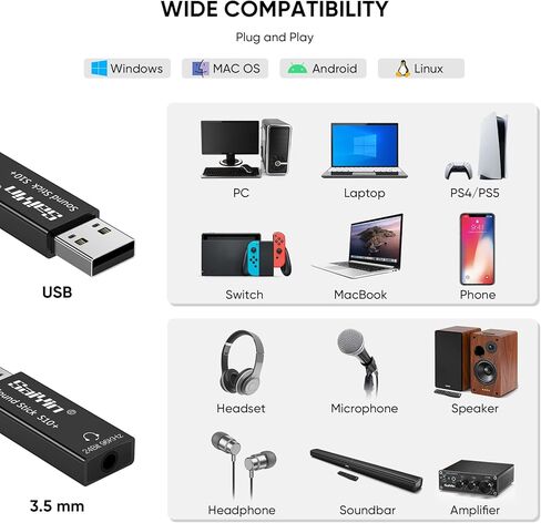 بطاقة صوت، بطاقة صوت USB، USB نوع C/A إلى محول صوت بصري، محول صوت رقمي تناظري 24 بت/96 كيلو هرتز، محول SPDIF مقبس 3.5 ملم، مخرج AUX بطاقة صوت خارجية، مضخم سماعة رأس in Kuwait
