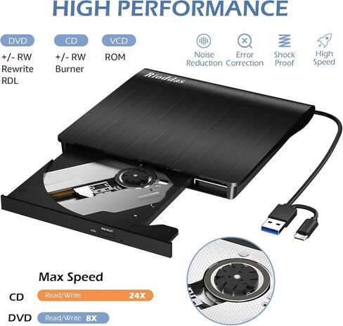Rioddas External CD/DVD Drive for Laptop, USB 3.0 CD DVD Player Portable +/-RW Burner CD ROM Reader Writer Disk Duplicator Compatible with Laptop Desktop PC Windows Apple Mac Pro MacBook Linux in Kuwait