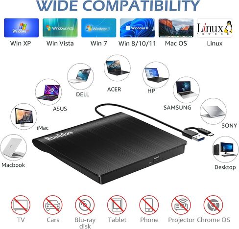 Rioddas External CD/DVD Drive for Laptop, USB 3.0 CD DVD Player Portable +/-RW Burner CD ROM Reader Writer Disk Duplicator Compatible with Laptop Desktop PC Windows Apple Mac Pro MacBook Linux in Kuwait
