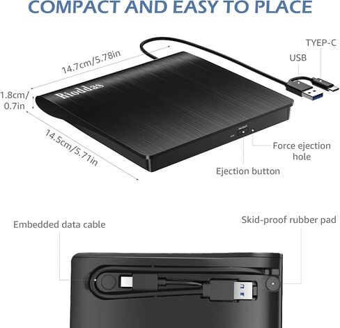 Rioddas External CD/DVD Drive for Laptop, USB 3.0 CD DVD Player Portable +/-RW Burner CD ROM Reader Writer Disk Duplicator Compatible with Laptop Desktop PC Windows Apple Mac Pro MacBook Linux in Kuwait