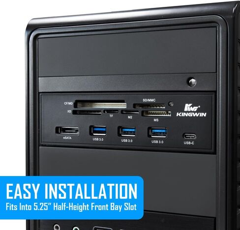 Kingwin Powered USB Hub 3.0 مع منفذ USB-C وقارئ بطاقة SD وقارئ بطاقة Micro SD - منفذ طاقة Sata مع سرعة نقل بيانات تصل إلى 5 جيجابت في الثانية - حافظة كمبيوتر 5.25 بوصة، أسود (KW525-3U3CR) in Kuwait