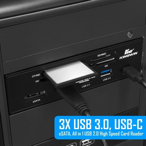 Kingwin Powered USB Hub 3.0 مع منفذ USB-C وقارئ بطاقة SD وقارئ بطاقة Micro SD - منفذ طاقة Sata مع سرعة نقل بيانات تصل إلى 5 جيجابت في الثانية - حافظة كمبيوتر 5.25 بوصة، أسود (KW525-3U3CR) in Kuwait
