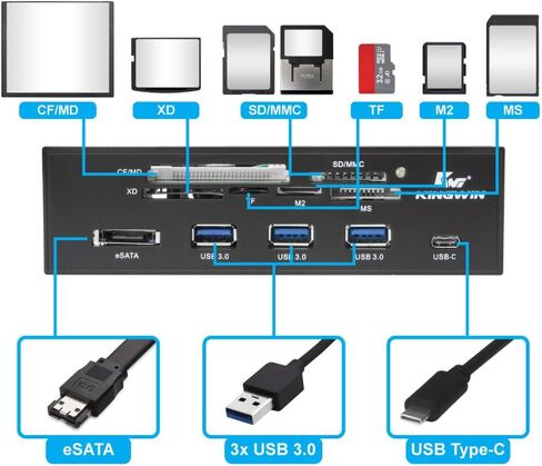 Kingwin Powered USB Hub 3.0 مع منفذ USB-C وقارئ بطاقة SD وقارئ بطاقة Micro SD - منفذ طاقة Sata مع سرعة نقل بيانات تصل إلى 5 جيجابت في الثانية - حافظة كمبيوتر 5.25 بوصة، أسود (KW525-3U3CR) in Kuwait