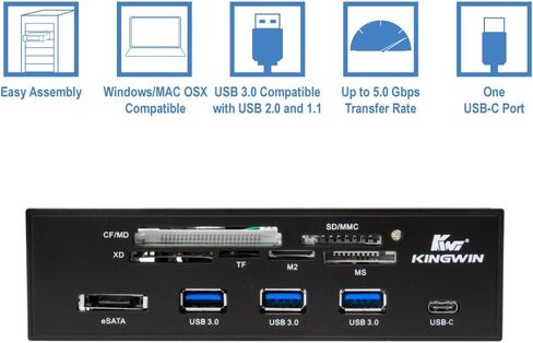 Kingwin Powered USB Hub 3.0 مع منفذ USB-C وقارئ بطاقة SD وقارئ بطاقة Micro SD - منفذ طاقة Sata مع سرعة نقل بيانات تصل إلى 5 جيجابت في الثانية - حافظة كمبيوتر 5.25 بوصة، أسود (KW525-3U3CR) in Kuwait