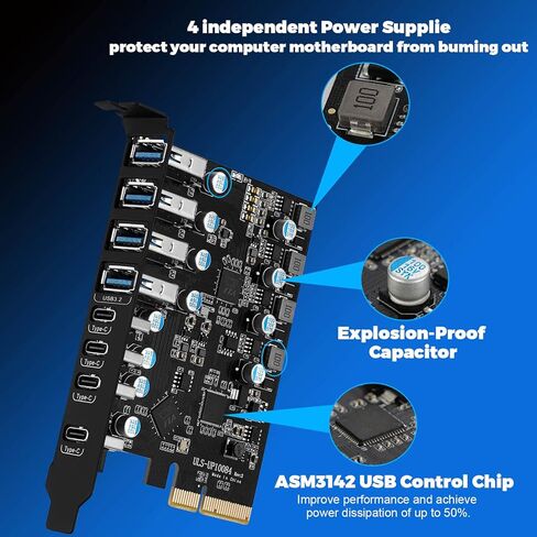بطاقة منفذ USB PCIe من ييليا 8 منافذ 10 جيجا في الثانية عرض النطاق PCI Express (4X USB C-4x USB A) بطاقة التوسع ، USB إلى منفذ الملحقات الإضافية يدعم الكمبيوتر المكتبي ويندوز 7/8/10/لينكس وماك OS in Kuwait